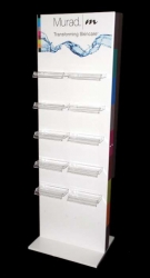 Floor Display; Expanded PVC; Wood Base; Digitally Printed; Heat Bent; CNC Routed; Acrylic Shelves